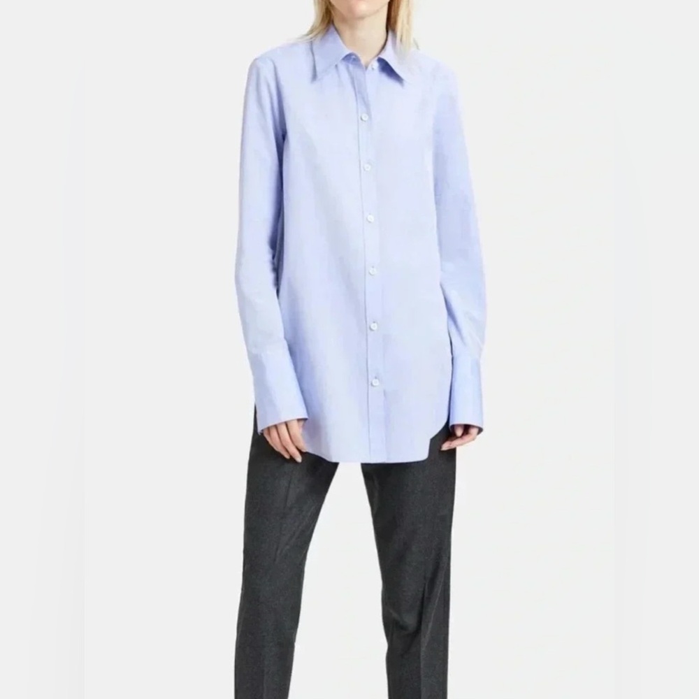 Theory Women’s Classic Tuxedo Shirt Blue Derby Cotton Size P Petite Button Down‎